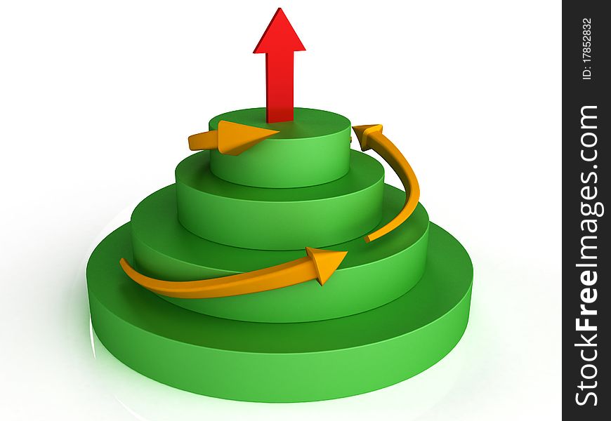 Orange arrows on the green circles at the top of the cylindrical red arrow on the smooth background â„–2. Orange arrows on the green circles at the top of the cylindrical red arrow on the smooth background â„–2