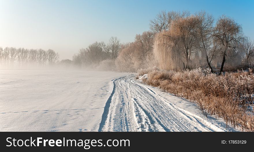 Landscape with fog and hoarfrost on trees. Landscape with fog and hoarfrost on trees