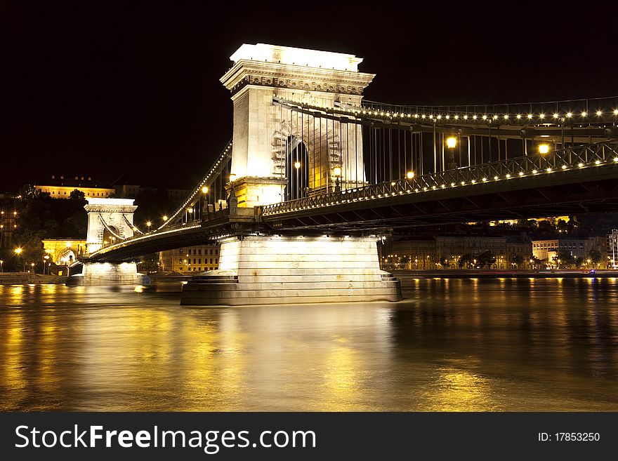 Hungarian landmarks, Chain Bridge and Royal Palace in Budapest by night. Long exposure.