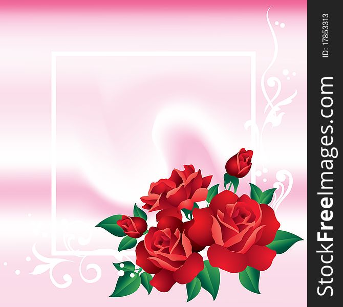 Abstract frame with an ornament and red roses on a pink background. Abstract frame with an ornament and red roses on a pink background.