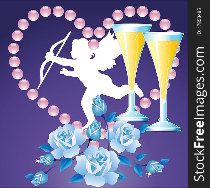 Background Valentine's Day with blue roses, heart, the silhouette of an angel and glasses of champagne.