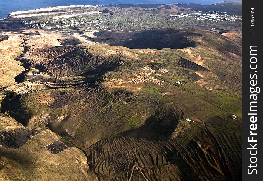 Aerial of Lanzarote, the volcanic Island of the canaries. Aerial of Lanzarote, the volcanic Island of the canaries