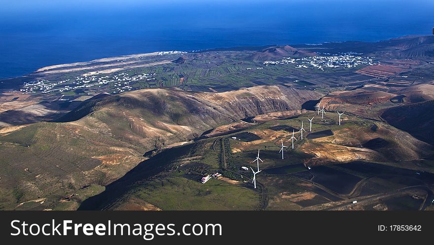 Aerial Of Lanzarote With Wind Power Plant