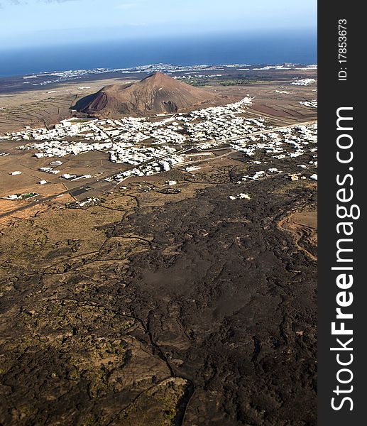 Aerial of Lanzarote with wind power plant