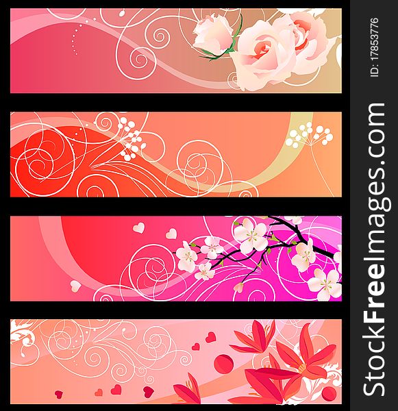 Four red horizontal floral banners with hearts. Four red horizontal floral banners with hearts