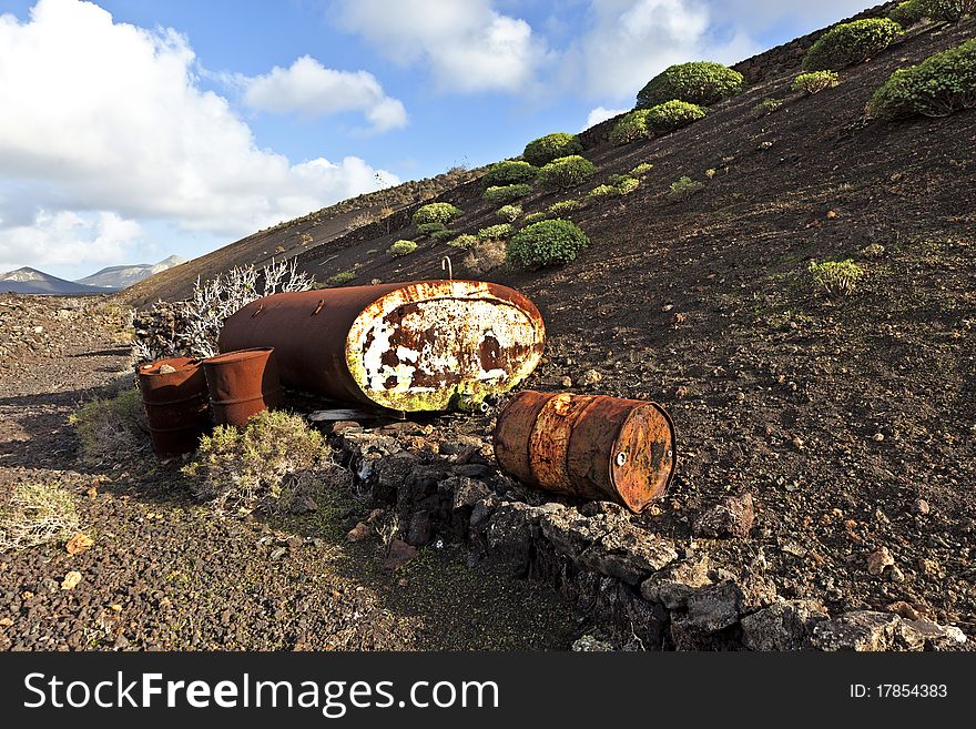 Old tank in volcanic landscape in Lanzarote in the national Park