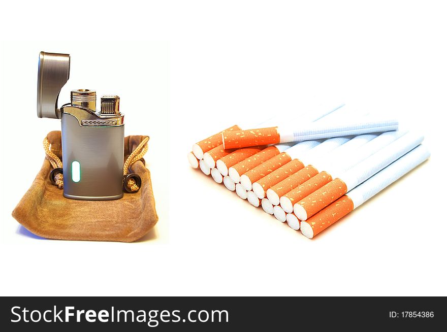 Photo of the cigarettes and lighter on white background