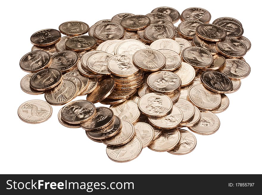 Placer American coins in one dollar. Background - white. Placer American coins in one dollar. Background - white.