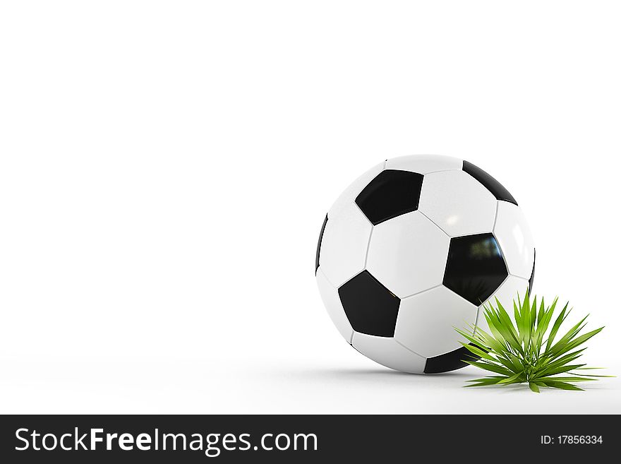 Leather soccer ball isolated on white background with a tuft of grass. Leather soccer ball isolated on white background with a tuft of grass