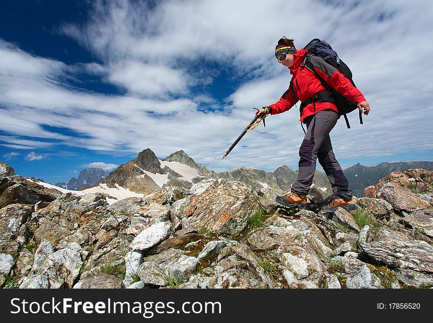 Hiker girl in Caucasus mountains. Hiker girl in Caucasus mountains