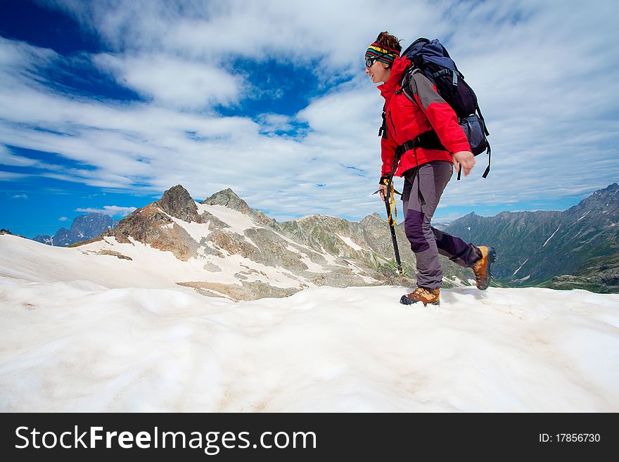 Hiker girl in Caucasus mountains. Hiker girl in Caucasus mountains