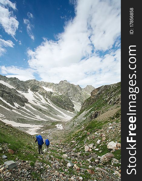 Hiker group in Caucasus mountains. Hiker group in Caucasus mountains