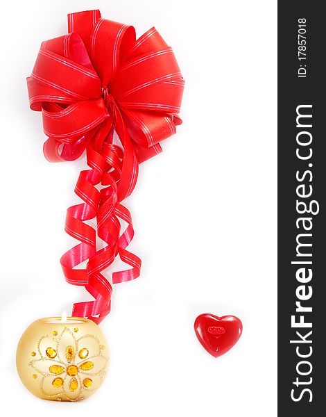 Red ribbon, a heart and a burning candle isolated on white background. Red ribbon, a heart and a burning candle isolated on white background