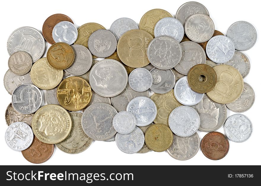 Old Coins of different countries on a white background