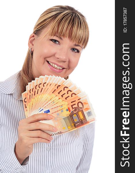 Making money concept. Businesswoman with money isolated over white.