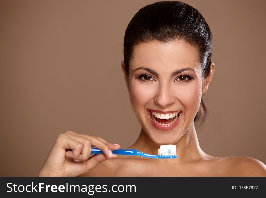 Portrait of beautiful woman with toothbrush. Portrait of beautiful woman with toothbrush