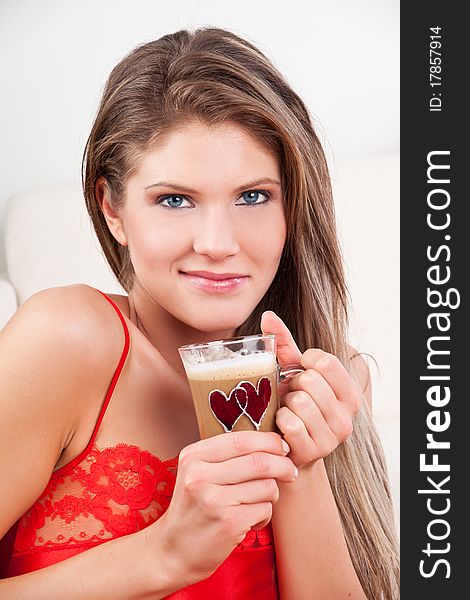 Beauty, Young Girl Holding A Cup Of Coffee