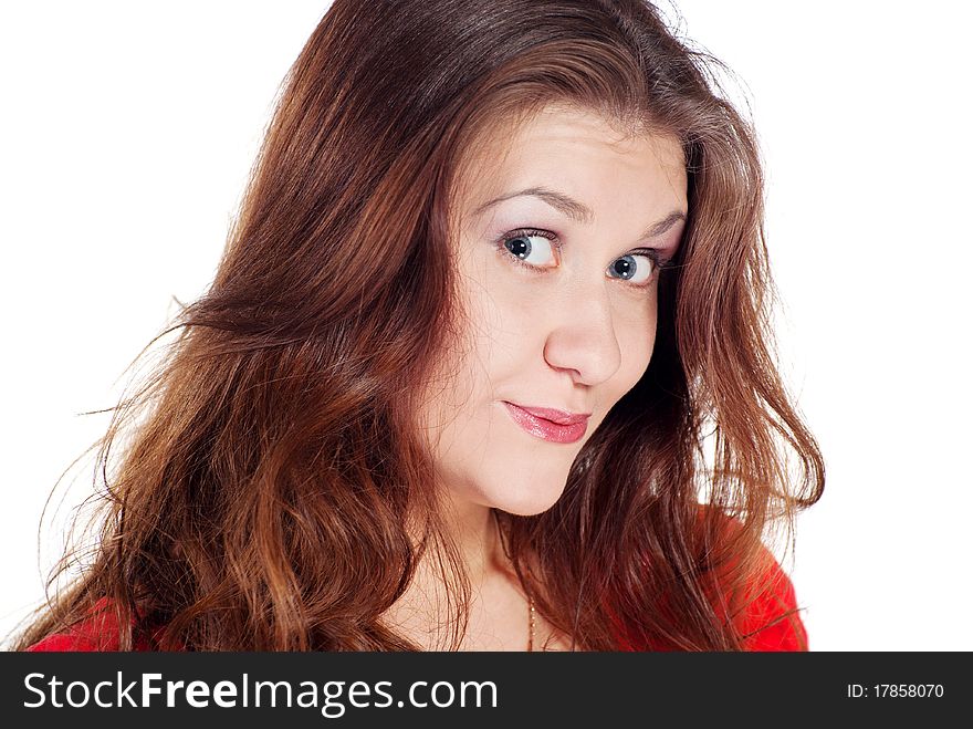 Close-up of a beautiful young woman in red dress on white background. Close-up of a beautiful young woman in red dress on white background