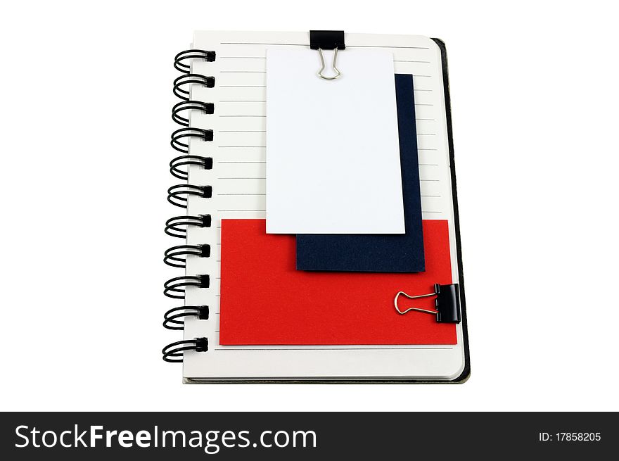 Notepad and colored visiting cards on a white background. Notepad and colored visiting cards on a white background