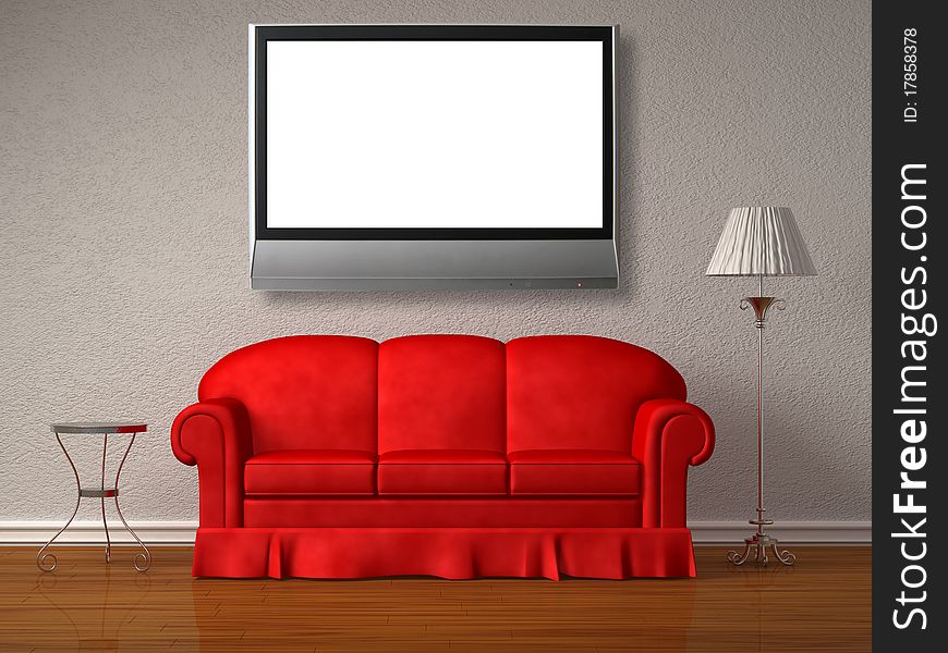 Red sofa, table and stand lamp with the lcd tv