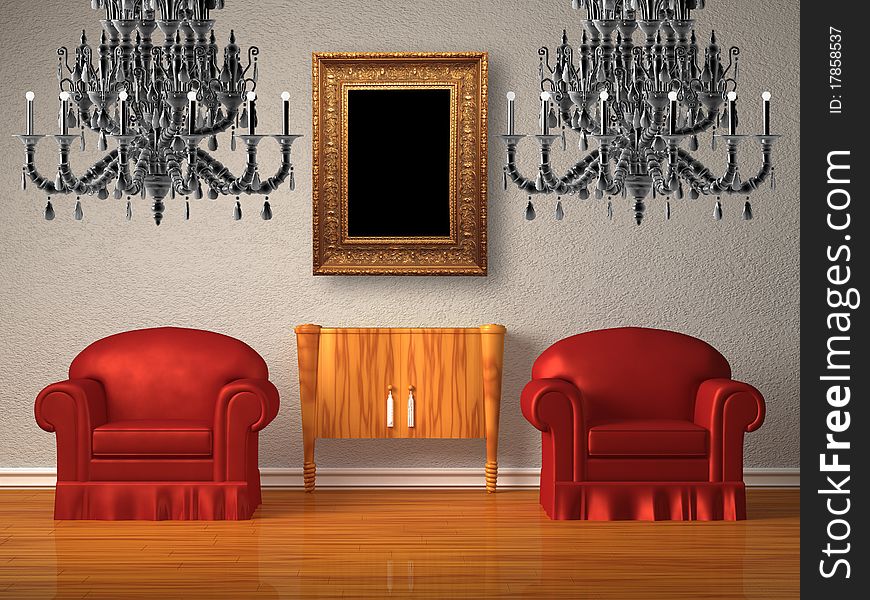 Two Chairs With Wooden Console And Two Chandeliers