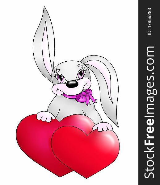 Gray rabbit with two hearts
