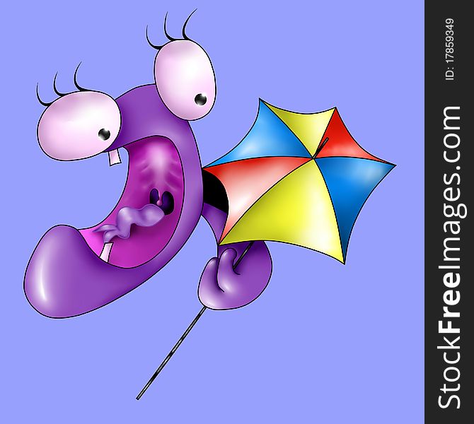 Violet monster with colorful umbrella. Violet monster with colorful umbrella