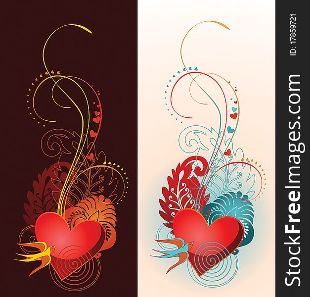 Vector illustration of composition contains heart, floral ornament and martlet. Vector illustration of composition contains heart, floral ornament and martlet.