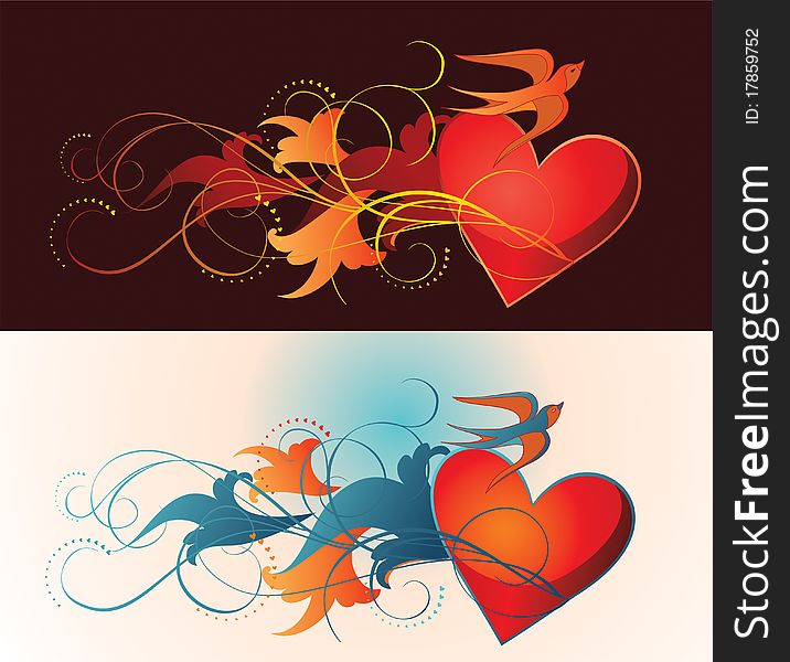 Vector illustration of composition contains heart, floral ornament and martlet. Vector illustration of composition contains heart, floral ornament and martlet.