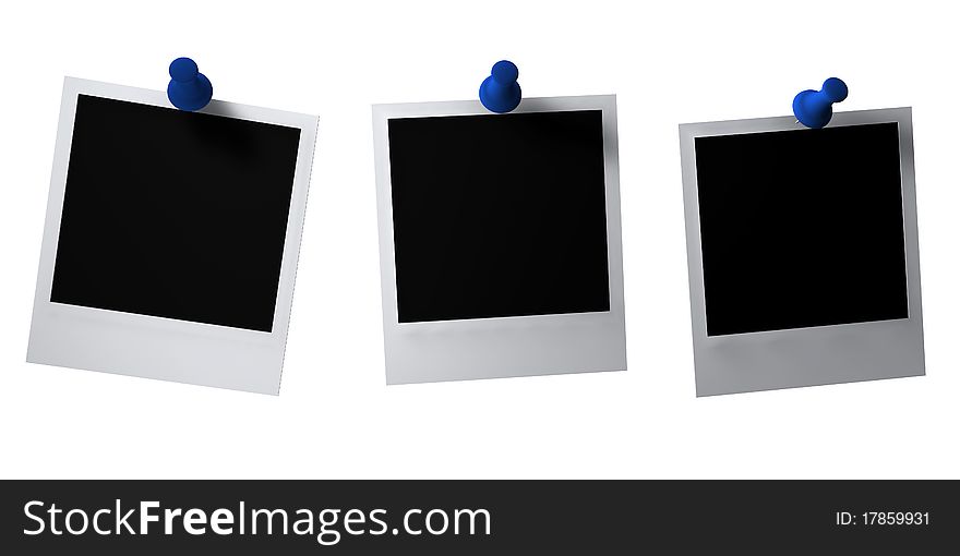 Blanks polaroids with blue thumbtacks isolated on white