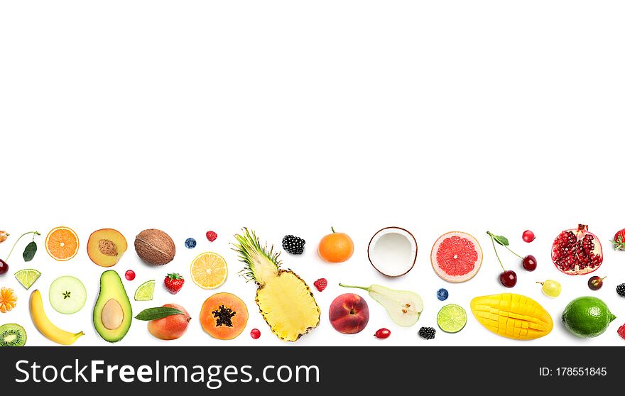 Flat Lay Composition With Different Fruits On Background