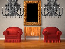 Two Chairs With Wooden Console And Two Chandeliers Stock Photography Two Chairs With Wooden Console And Two Chandeliers Stock Photography