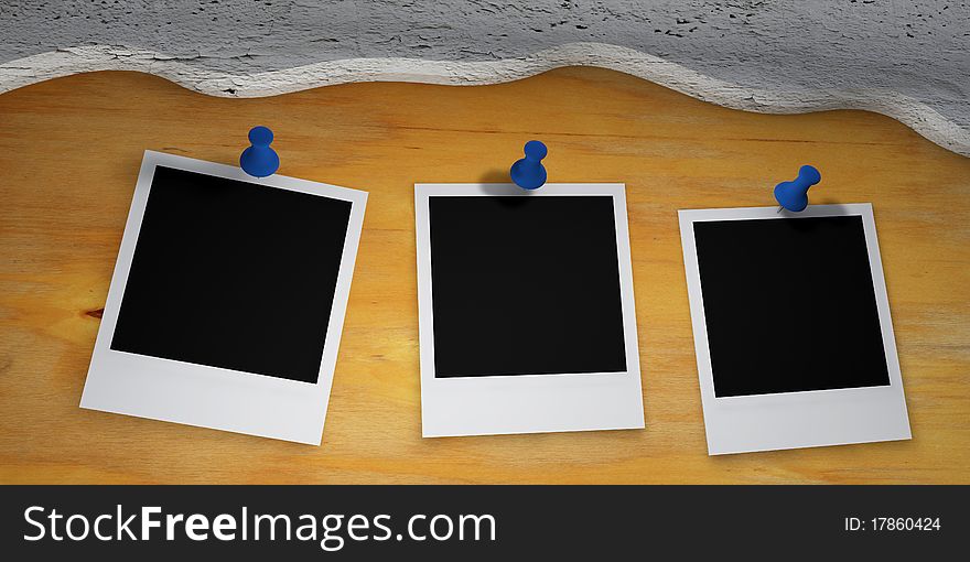 Illustration of polaroid films pinned on wooden board with curved concrete plate