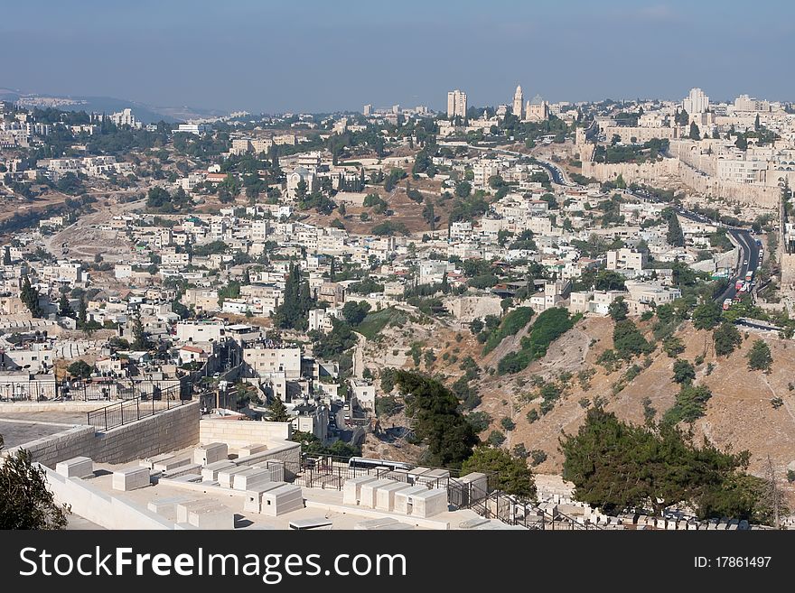 Jerusalem view - old city, mosque, church, synagogue