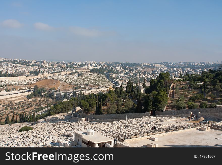 Jerusalem view - old city, mosque, church, synagogue