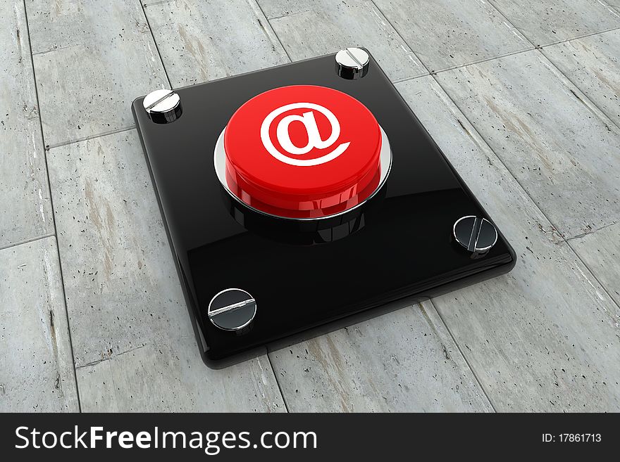 Red e-mail smbol push button on stone floor. Red e-mail smbol push button on stone floor