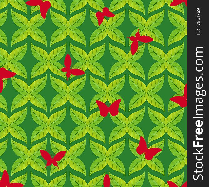 This image represents a spring seamless pattern with leaves and butterfly