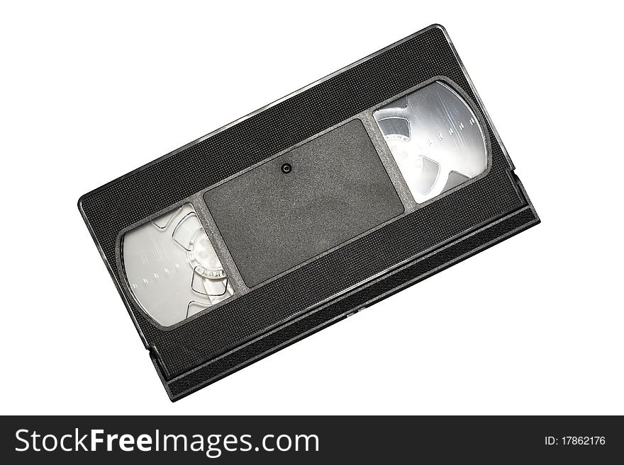 An old video cassette in black on a white background