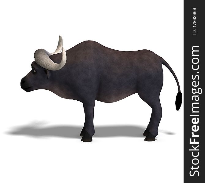 Very cute and funny cartoon buffalo. 3D rendering with clipping path and shadow over white