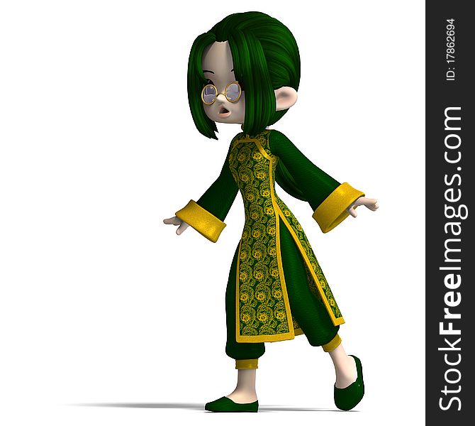 Funny cartoon girl in green china dress. 3D rendering with clipping path and shadow over white