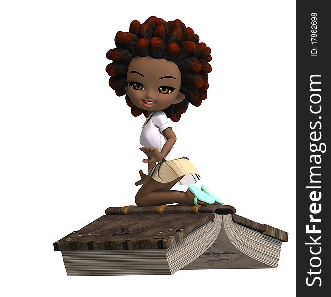Cute little cartoon school girl with curly hair is flying on a book. 3D rendering with clipping path and shadow over white