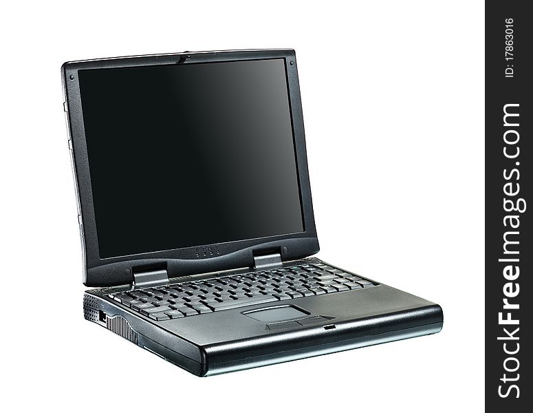 Black portable computer. Front view. Black screen Side view. Black portable computer. Front view. Black screen Side view.