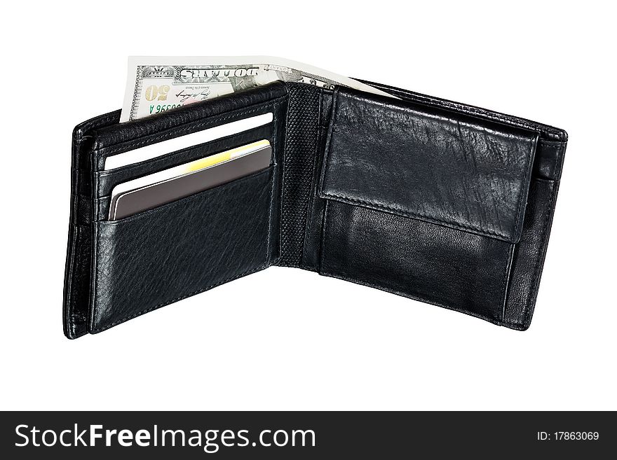 Black leather wallet with cash and credit cards in it. Black leather wallet with cash and credit cards in it.