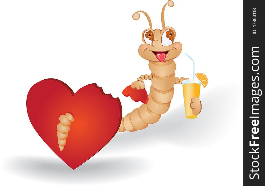 Heart worm eating and drinking orange juice Valentine day