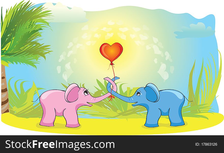 Blue and pink elephant in the proboscis keep a balloon in the shape of the heart