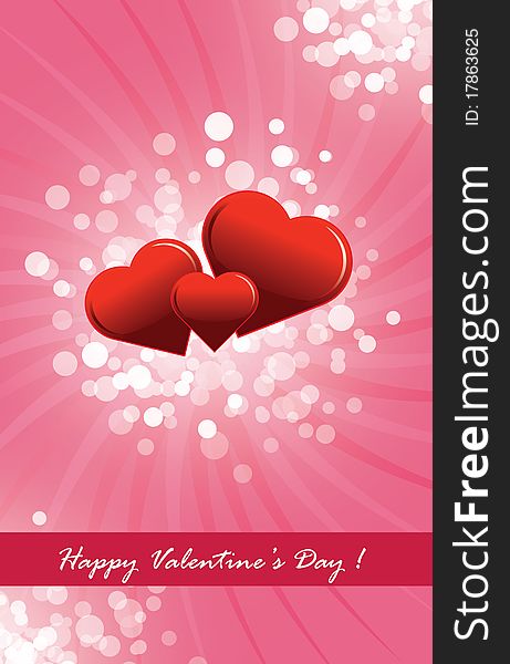 Happy Valentine's Day postcard with three stylish red hearts, a splash of colorful circles and rays on a honeysuckle background