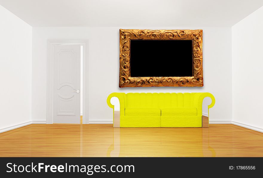 Minimalist living room with yellow couch and modern picture frame