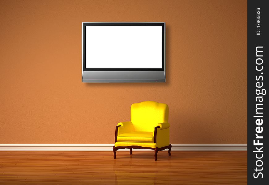 Luxurious chair with lcd tv in minimalist interior