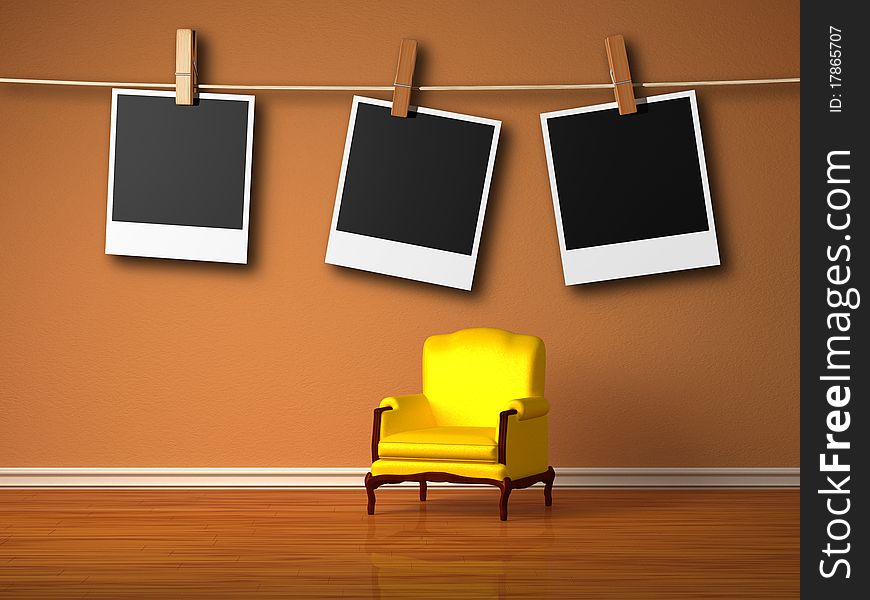 Alone luxurious chair with hangings instant photo's frames in minimalist interior