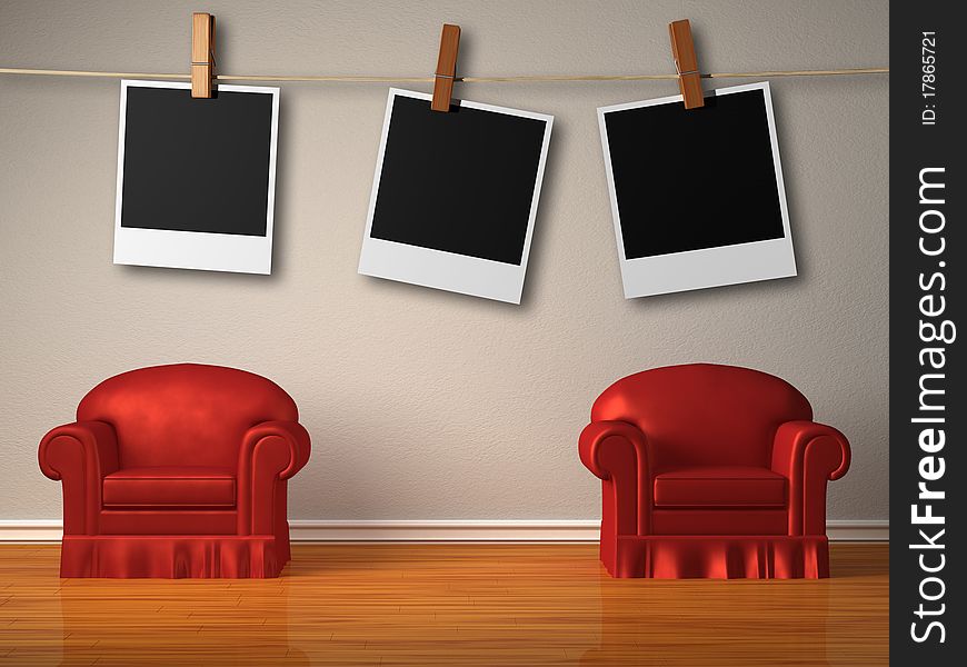 Two red chairs with instant photo's frames in minimalist interior